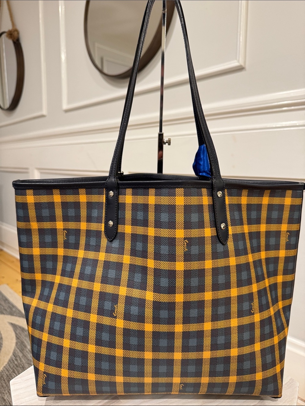 Coach Bag Reversible Plaid Checkered Yellow Blue City Tote with Removable Pouch - Picture 5 of 17